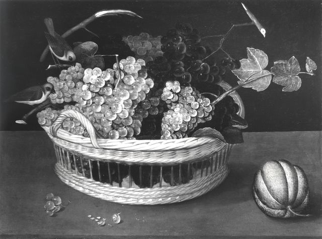 Anonimo — Moillon Louise - sec. XVII - Natura morta con cesto d'uva e melone — insieme